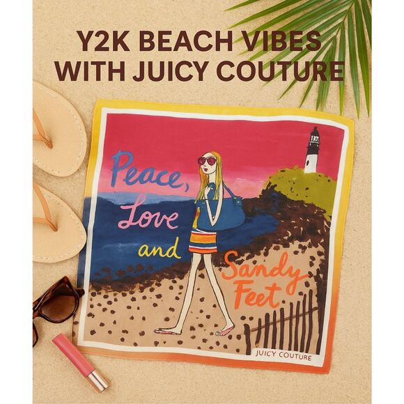 Juicy Couture Y2K Beach Scarf | Peace Love Sandy Feet | Retro Summer Vibes |Silk - Picture 8 of 8